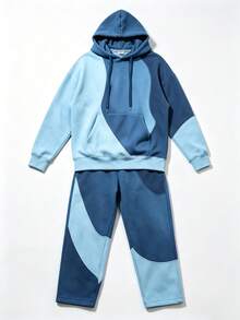 Men's Blue Contrast Wave Patchwork Hoodie Sweatshirt Set, Loose Drawstring Hooded Top And Straight Leg Sweatpants 2 Pieces Set - Dusty Blue - View 3
