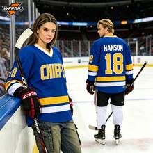 Jersey de hockey bordado de los hermanos Jeff Hanson de la película Slap Shot #18 Charlestown para hombres, uniforme de hockey para juego y entrenamiento - Azul - Ver 2