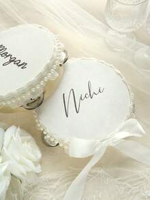 Custom 6 Inch Classic Wedding Handheld Tambourine With Single Row Metal Jingles Ribbon Bow And Pearl Decor Personalized Musical Rhythm Percussion Instrument For Wedding Ceremony Bridal Shower Reception Party Dancing (Drumstick Not Included) - White - View 8