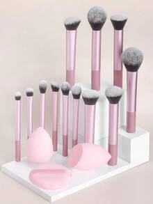 12pcs Multi-Function Super Soft Makeup Brush Set + Slanted Edge And Water Drop Shaped Makeup Sponges + 1pc Round/Water Drop Shaped Makeup Powder Puff, Quick Makeup Beauty Tool - Pink - View 2