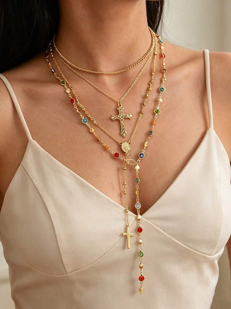 Summer Dopamine Geometric Sweet & Cool Palace Style Exotic Multi-Layer Tassel Long Necklace Set - Multicolor - View 1