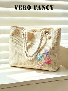 Vacation Style Relaxed Fashion Woven Tote Bag, Starfish Hanging Decoration Design, Large Capacity Simple And Atmospheric Texture Shoulder Bag. - Beige - View 1