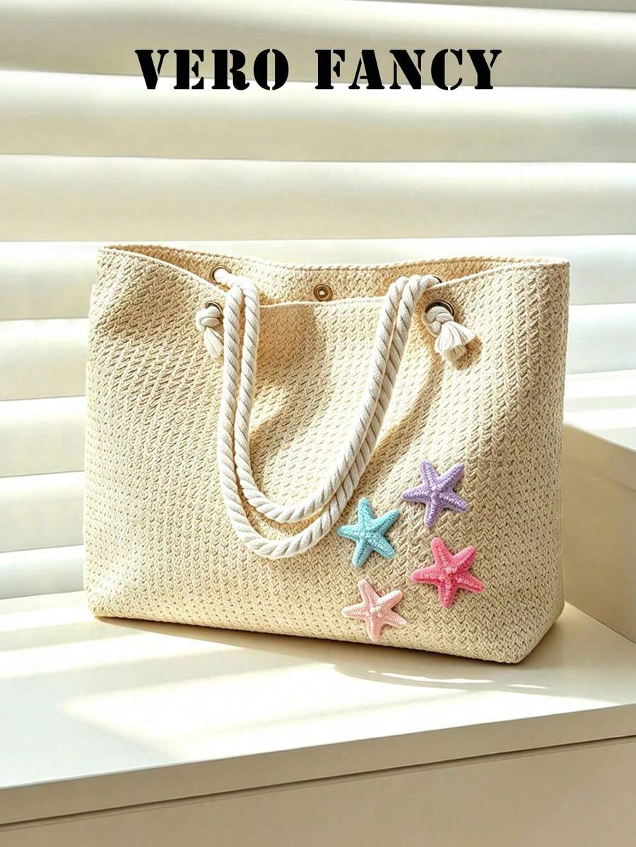 Vacation Style Relaxed Fashion Woven Tote Bag, Starfish Hanging Decoration Design, Large Capacity Simple And Atmospheric Texture Shoulder Bag. - Beige - View 1
