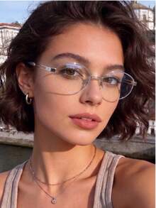 Ultra-Light Half-Frame Anti-Fatigue Glasses, Unisex, Plano PC Lenses, Fashionable Frame, Rectangular Design, Stainless Steel Material, Suitable For Multiple Occasions - Multicolor - View 1