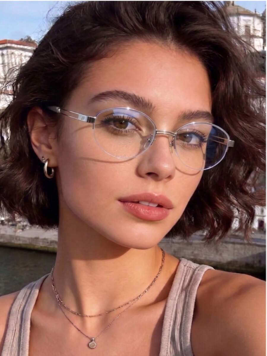 Ultra-Light Half-Frame Anti-Fatigue Glasses, Unisex, Plano PC Lenses, Fashionable Frame, Rectangular Design, Stainless Steel Material, Suitable For Multiple Occasions - Multicolor - View 1