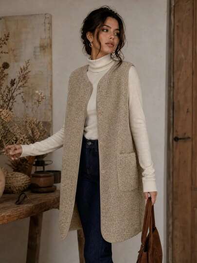 Women's Autumn/Winter Lamb Fleece Solid Color Lightweight Outerwear, Vintage Style Fur Vest Long Vest Coat, Quiet Luxury Fashion Vest, Cozy Home Wear Vest