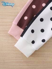 Disney 4Pcs Baby Girl Autumn Minnie Mouse Color Block Polka Dot Print Ribbed Long Sleeve Sweatshirt Set, Fashion White & Coffee Elastic Waist Long Pants Sweatpants, Cute Casual Spring Outfit - Multicolor - View 6
