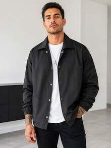 1pc Men's Black Lapel Jacket, Smooth Woven Fabric, Dirt-Resistant And Wrinkle-Resistant, Loose Drop Shoulder Fit, Solid Color Minimalist Casual Style, Suitable For Campus, Commute, Street, Couple Daily Wear - Black - View 3