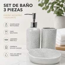 3-Piece Grey Ceramic Bathroom Accessory Set With Soap Dispenser, Toothbrush Holder And Soap Dish, Modern Geometric Relief Design - 白色 - 查看 5