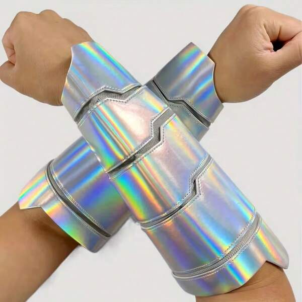 1 Pair Medieval Silver Vintage Iridescent Gradient Knight Warrior PU Leather Bracers, Halloween Carnival Stage Costume Performance Prop