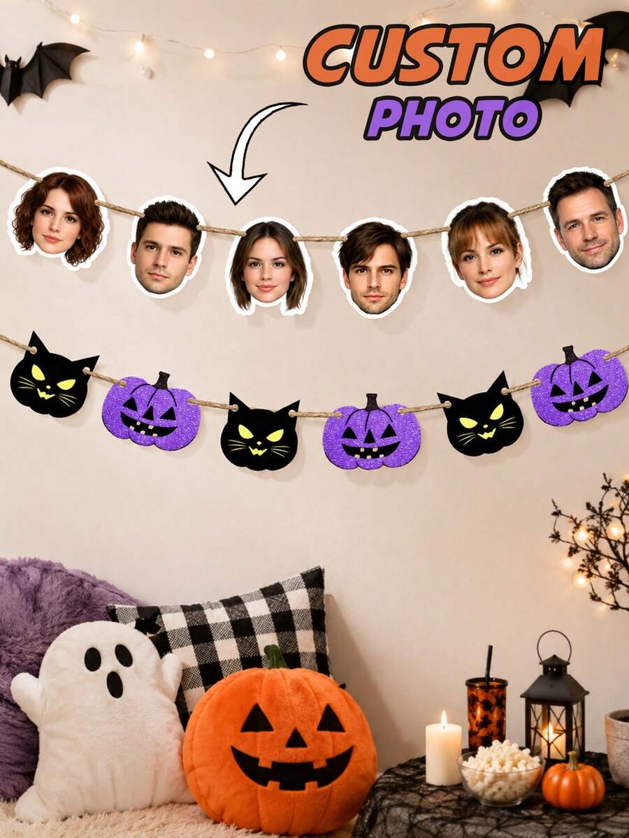 Custom Halloween Photo Banner, Spooky Personalized Face Garland For Party Backdrop & Wall Decor, Pumpkin Cat Bunting, Customized Picture Holiday Party Sign, Customizable Halloween Room Decor Gift, Garden, Living Room Decoration, Gifts For Friends - Style a - View 1