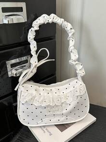 1pc White Nylon Fabric Smooth Zipper Drawstring Polka Dot Ruffle Decor Fashion Versatile Casual Style Solid Color Minimalist Design Spring Summer New Unique Shoulder Bag Suitable For Women's Daily Use - White - View 1