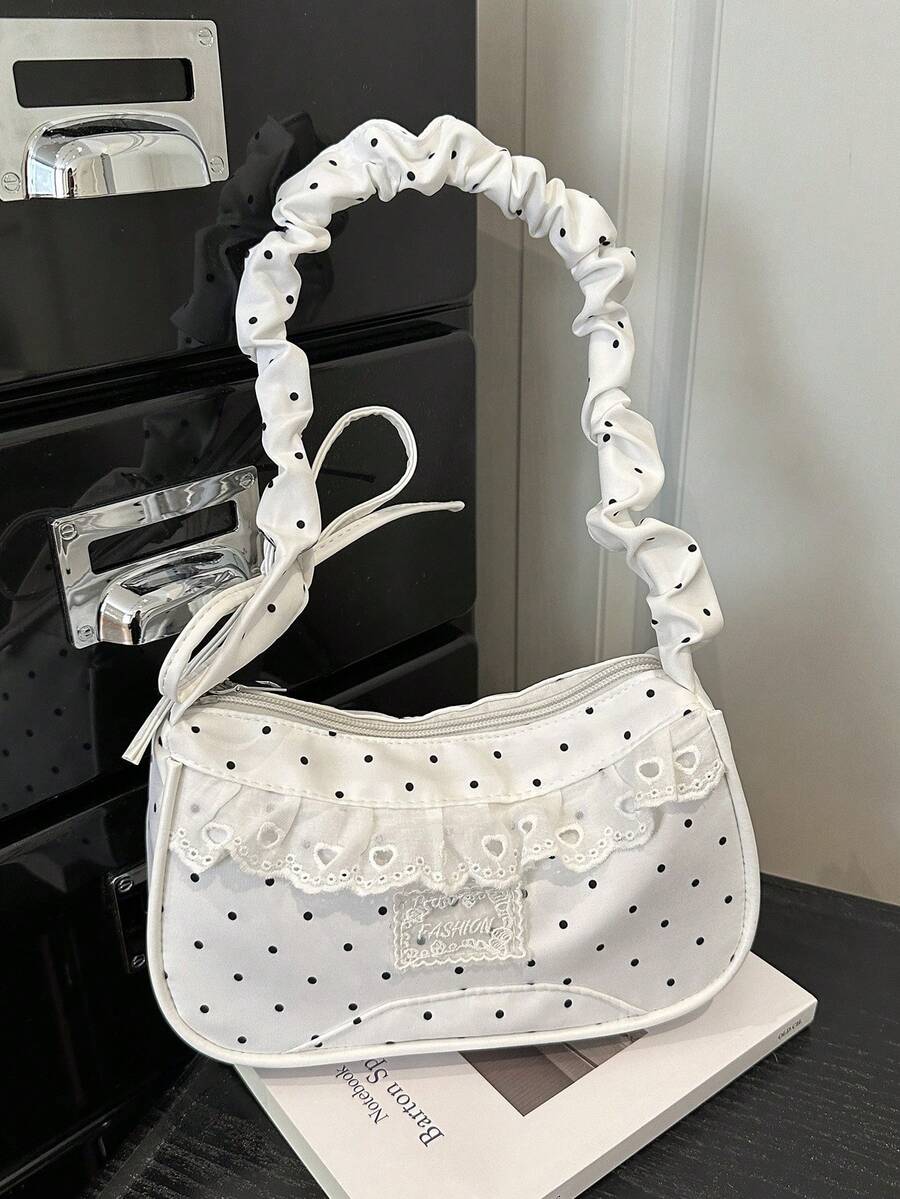 1pc White Nylon Fabric Smooth Zipper Drawstring Polka Dot Ruffle Decor Fashion Versatile Casual Style Solid Color Minimalist Design Spring Summer New Unique Shoulder Bag Suitable For Women's Daily Use - White - View 1
