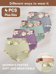 4 Packs Plus Size High Waist Briefs For Women, Soft & Comfortable Everyday Panties With Floral Print Design - Multicolor - View 5