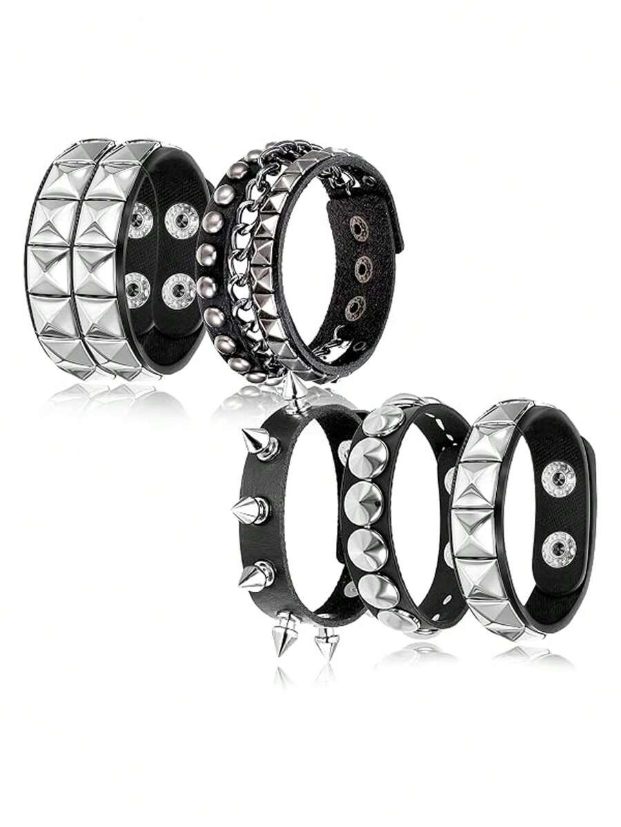 Xiacheng 1Set Punk Rock Studded Bracelet, Biker Cuff | Black Leather, Adjustable Leather Cuff,Y2K Gothic Punk Rock, Wrap Bangle, Snap Button For Halloween - Multicolor - View 1