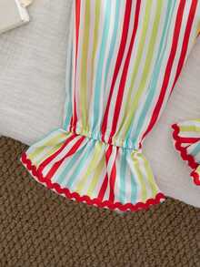 1pc Baby Girl Holiday Long Sleeve Peter Pan Collar Striped Polka Dot Print Jumpsuit Thin Spring Autumn With Hat - Multicolor - View 8