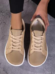 Women's Casual Sports Shoes, Solid Color Artificial PU Leather & Fabric Patchwork, Front Lace-Up, Suitable For Outdoor Sports, Casual, Versatile, Commuting - Beige - View 3