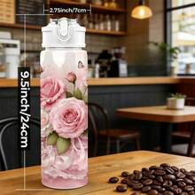 1pc/5pcs 750ml Large Capacity Summer Sports Plastic Water Bottle, Best Friend Birthday Holiday Gift Soft Pink Floral Rose Butterfly Lace Pattern Water Bottle, Elegant Drinking Container, Couple Water Bottle, Suitable For Commuting Camping Vacation, Floral Couples Gift - Multicolor-floral - View 5