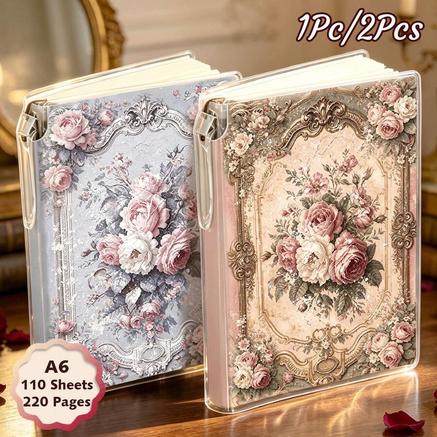 1pc/2pcs,220pages,European Antique Frame Vintage Distressed-Style Notebook-Includes Pen,Portable Pocket Notebook, Back To School,Travel Journal, Lined Notebook,Office Use, Stationery, Office Supplies, Creative Gift - A6 - View 1
