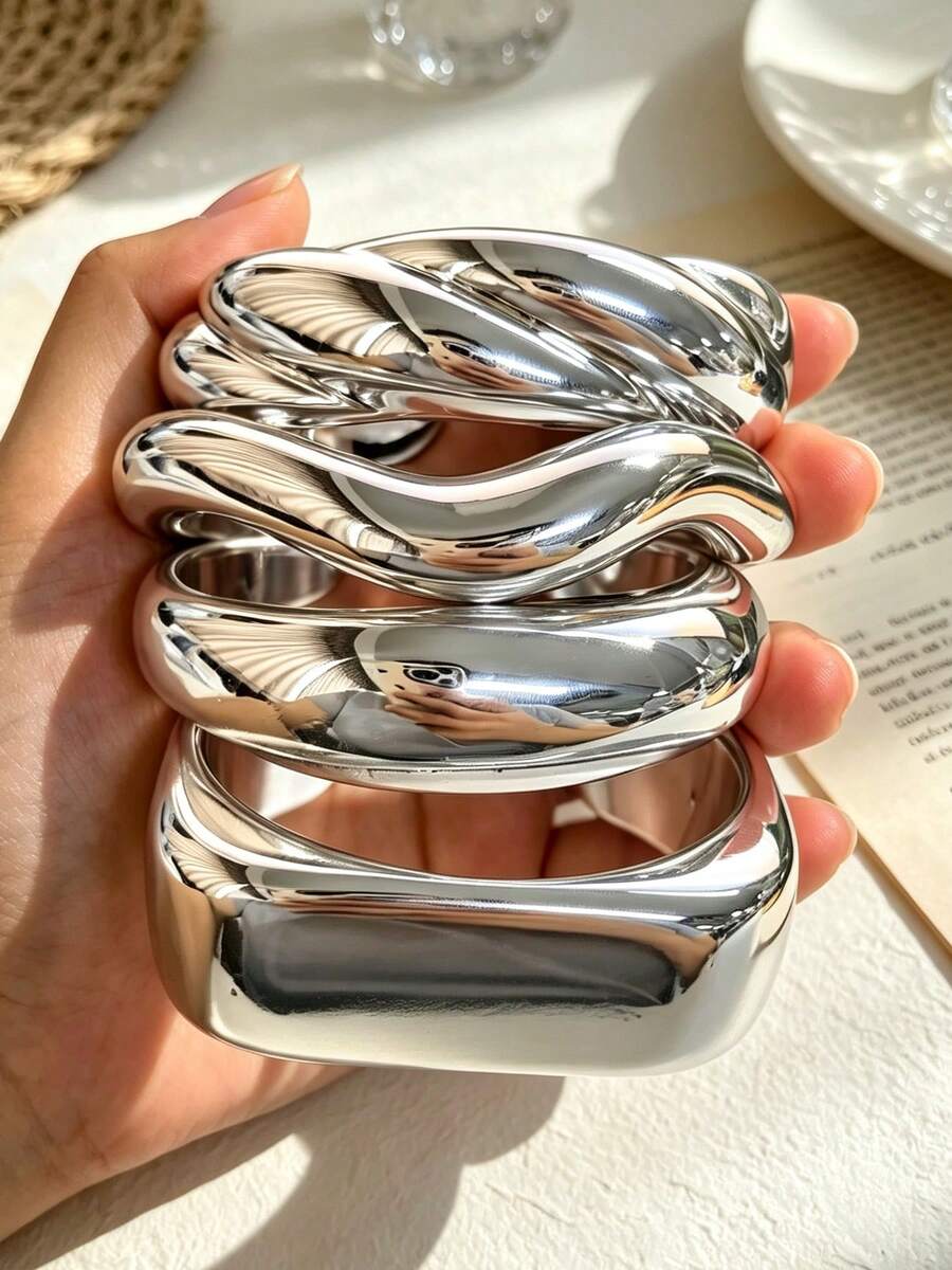4pcs/1pc Bohemian Style Minimalist Casual Women's Twisted Wave Shape Silver CCB Material Open Bangle Bracelet Set, Suitable For Women's Dating, Gifting, Vacation, Daily Wear, Stackable - Silver - View 1