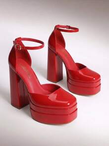 Women's Square Toe Block Heel Chunky Platform Wedding Shoes, Adjustable Ankle Strap Pumps For Prom - Red - View 3