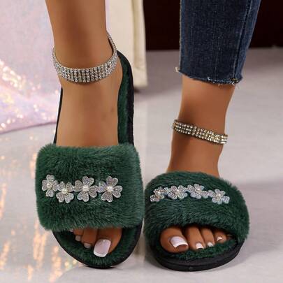 Women's Floral Decor Plush Warm Slippers, Winter Fashion Cute New Hot-Selling Plush Indoor Home Slippers