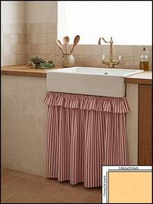 1pc Red And White Thin Striped Sink Skirt, Rustic Country Style Fabric Material, Rectangular Top With Ruffle Edge And Gathered Hem Detail, Covers Sink Underside Space And Decorative Beautification Function, Kitchen Sink Cover Curtain Suitable For Farmhouse Kitchen And Home Decor Scenes - Red - View 12