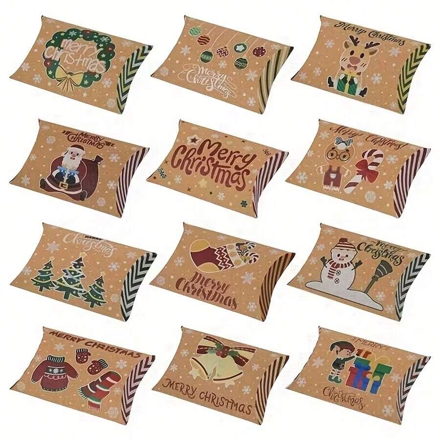 12pcs,Christmas Cellophane Pillow Box Decoration, Suitable For Christmas Cartoon-Themed Home Decorations - View 1