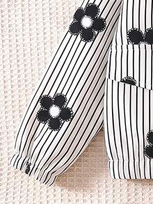 Girls' Casual Fashion Striped & Floral Print Faux Pocket Design Hooded Long Sleeve Zip-Up Jacket, Short Lightweight Jacket For Spring & Autumn - Black and White - View 6