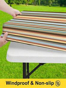 3 Pieces Picnic Tablecloth Set With Bench Cover, Elastic Edge Design, Striped Pattern, Washable Rectangular Tablecloth, Suitable For Weddings, Camping, Picnics, Garden Parties And More, Practical Essential - E - View 7