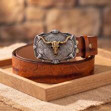 1pc Men's Casual PU Leather Belt, All Season, Western Cowboy Vintage Carved Print Design - Multicolor - View 8
