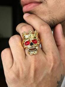 Vintage Crown Skull Men's Ring, Gold-Tone Red Eye Gemstone Embossed Band, Personalized Motorcycle Style Ring Accessory With Strong Vibe, Men's Daily Party Wear Jewelry, Halloween Gift - Multicolor - View 3