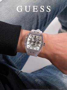 GUESS Phoenix Series Men's Barrel Watch, Multi-Function Chronograph Hollow Dial Rhinestone Wristwatch Collection - one-size - View 1