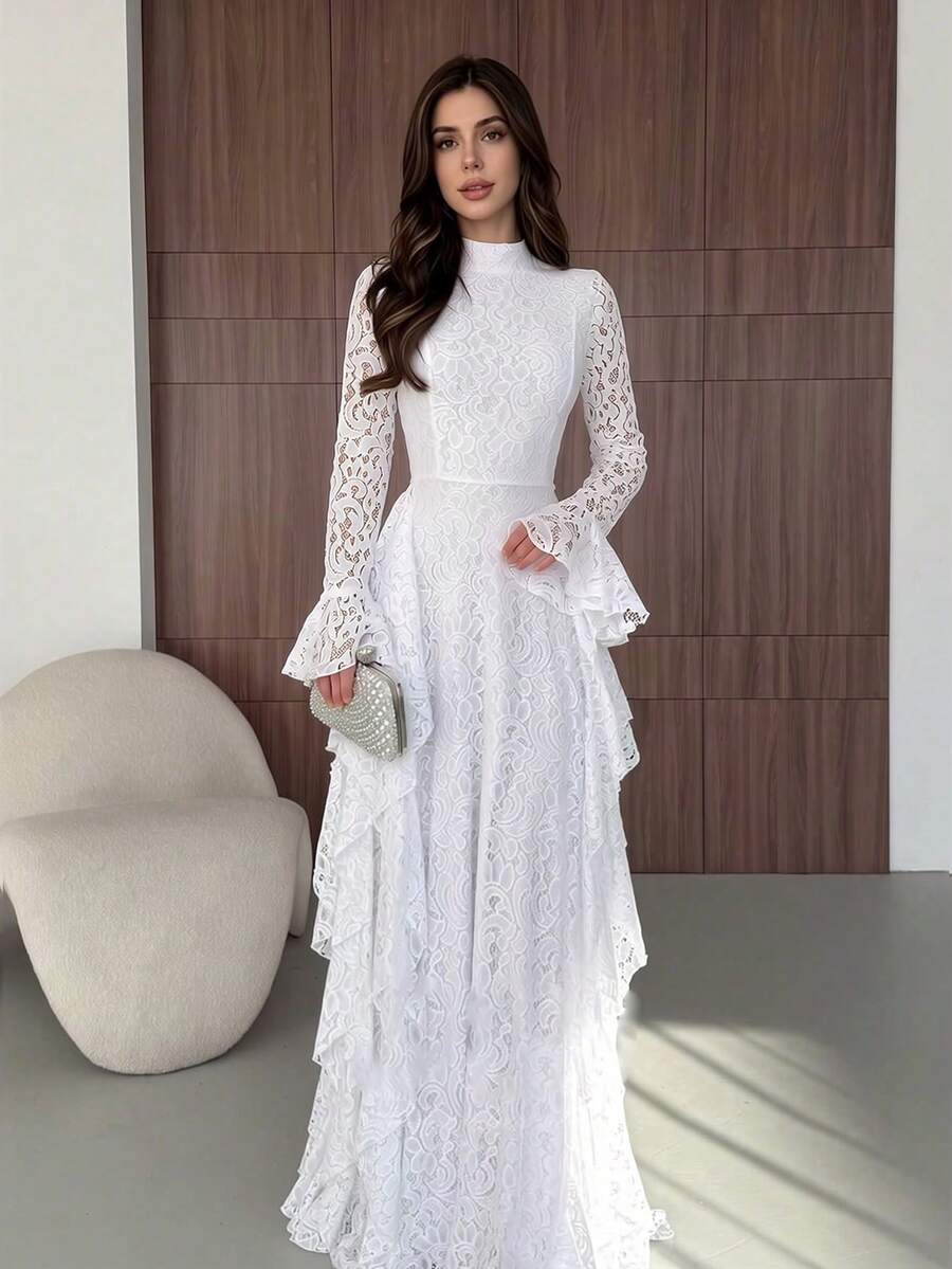 女款優雅長版蕾絲洋裝 喇叭袖 白色