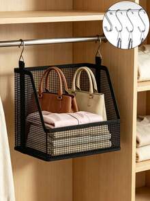 Hanging Storage Basket, Stackable Hanging Storage Baskets, Black Woven Mesh Organizer, Multi-Functional S-Hook, Suitable For Dorm, Bedroom, Closet | Space-Saving Hanging Clothes & Bedding Organizer | With Stable Hanging Device | All-Season Closet Essential | Back To School Season - Multicolor - View 3