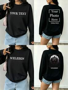 Personalized Custom Black Long Sleeve Top, Add Your Own Text, Number, Lucky Number, Slogan, Choose Color And Font, Design Your Exclusive Personalized Printed Short Sleeve T-Shirt, Valentine's Day, Christmas, Halloween And Other Anniversary Gifts - Black - View 2
