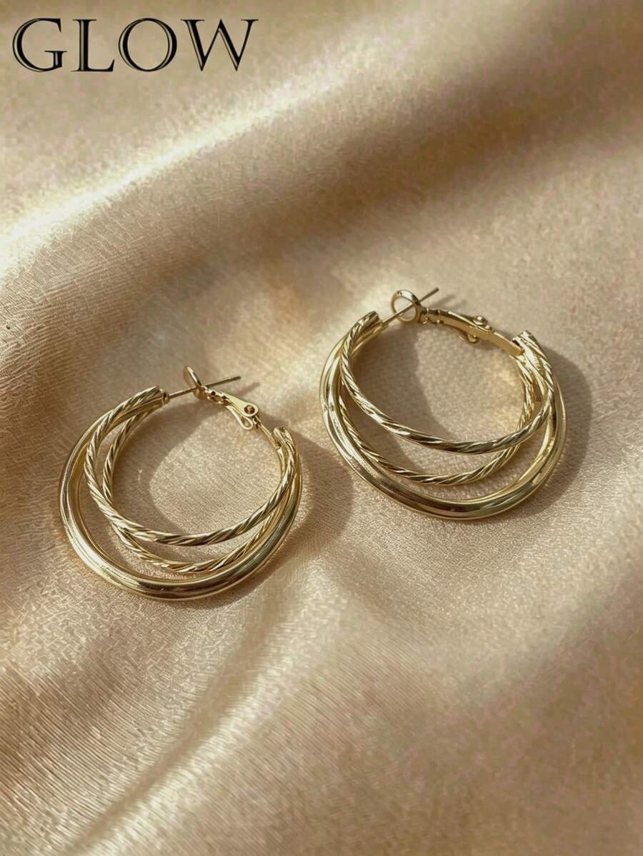 1 par de pendientes de aro y brazaletes para oreja dorados, estilo vintage, de moda, únicos, de nicho, exagerados, versátiles, elegantes, geométricos y multicapa, joyería para oreja, adecuados para chicas adolescentes, uso diario, vacaciones y fiestas - círculos geométricos - Ver 1