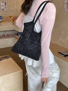亮片裝飾透明網紗疊層大容量開口輕量柔軟百搭 INS 法式時髦單肩包，適合上班、購物與約會 - 黑色 - 查看 7