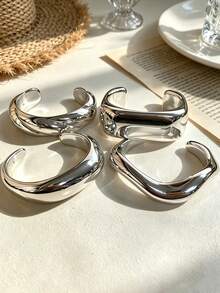 4pcs/1pc Bohemian Style Minimalist Casual Women's Twisted Wave Shape Silver CCB Material Open Bangle Bracelet Set, Suitable For Women's Dating, Gifting, Vacation, Daily Wear, Stackable - Silver - View 5