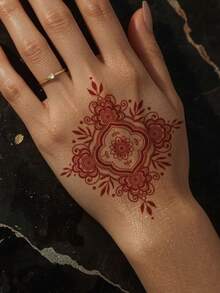 1張防水臨時假紋身貼，紅色海娜 Mehndi 方形曼陀羅花卉圖案紋身貼紙，異域風情女性手腕身體裝飾 - 紅色 - 查看 2