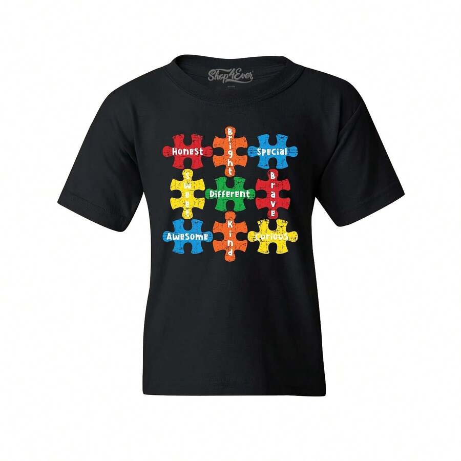 Autism Awareness Puzzle Pieces With Words Youth's T-Shirt Autism Shirts - 款式 - 查看 1
