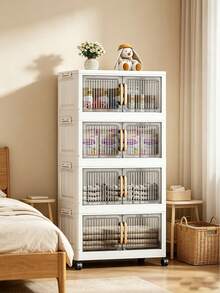 Foldable Storage Cabinet With Wheels, Vertical Transparent Door Stackable Organizer Unit, Multi-Layer Plastic Storage Drawers, Suitable For Closet Living Room Bathroom, Multi-Functional Home Sundries Storage Rack - View 3