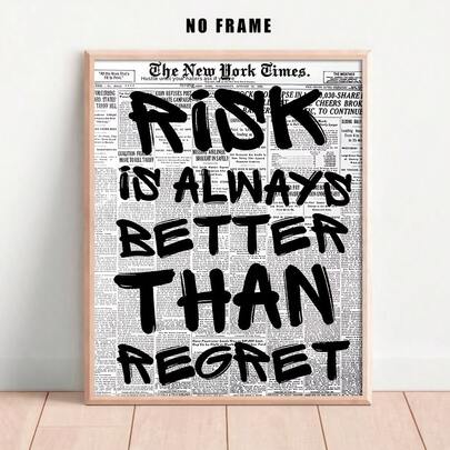 1pc Vintage Newspaper Style Poster, "Risk Is Always Better Than Regret" Inspirational Quote Wall Art, Black And White Print, Aesthetic Room Decor For Home Office, Gym, Bedroom, Apartment, Unframed, Halloween Decorations