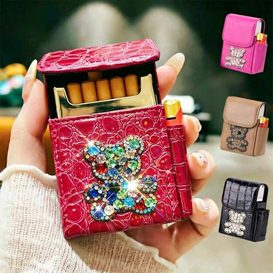 1 buah Kotak Kosmetik Kulit PU Mewah Bergaya dengan Dekorasi Beruang Berlian Imitasi Berkilau, Tahan Air dan Tahan Guncangan, Kotak Rokok Mewah, Hadiah Kreatif untuk Acara Sehari-hari dan Liburan/Tas Penyimpanan Pelindung Korek Api Kulit PU dengan Penutup Flip