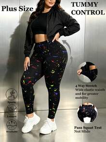 Women's Plus Size Black Leggings, Elastic Slim Fit Pants, Colorful Splatter Print, Butt Lifting & Tummy Control, Autumn/Winter Vacation Style - Multicolor - View 1