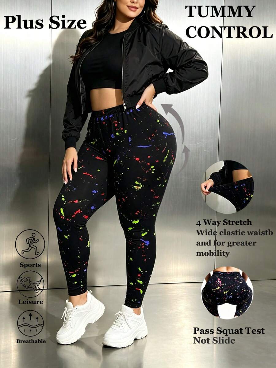 Women's Plus Size Black Leggings, Elastic Slim Fit Pants, Colorful Splatter Print, Butt Lifting & Tummy Control, Autumn/Winter Vacation Style - Multicolor - View 1
