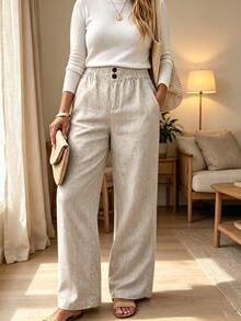 Plus Size Women's Fashion Long Woven Straight Leg Drawstring Pants With Elastic Waistband, Creating Elegant Casual Look - Apricot - View 1