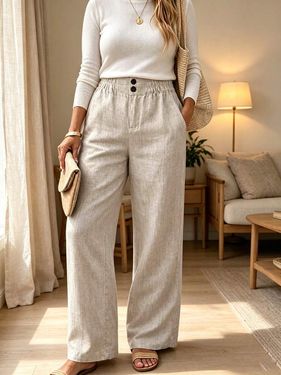 Plus Size Women's Fashion Long Woven Straight Leg Drawstring Pants With Elastic Waistband, Creating Elegant Casual Look - Apricot - View 1