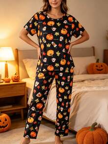 2-Piece Women's Halloween Pajama Set, Pumpkin & Maple Leaf Print, Short Sleeve Crew Neck Top And Long Pants Set, Comfortable Loose Fit For Home Wear, All Season - Black - View 9