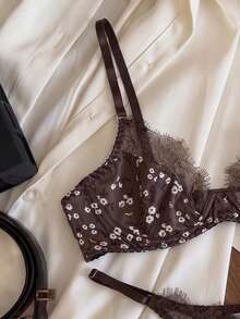 Women's Brown Satin Floral Lace Lingerie Set - Bra & Thong 2-Piece - Brown - View 5
